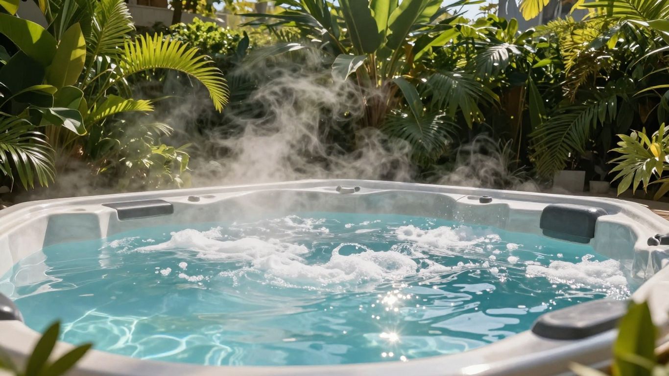 Outdoor hot tub with steaming blue water and greenery.