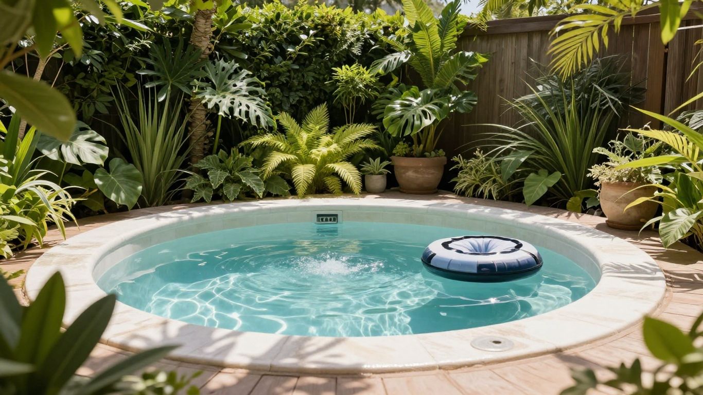 Backyard swim spa oasis with clear water and lush greenery.